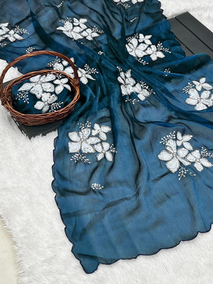 JSItaliya Embroidered Bollywood Tissue Saree(Blue)