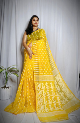 Rnn Saree Embroidered Jamdani Cotton Silk Saree(Yellow)