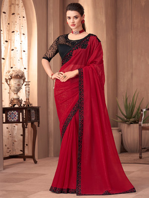 Divastri Embellished Bollywood Georgette Saree(Red)