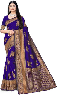 Lucyrao Fashion Woven, Floral Print, Temple Border, Embellished Mysore Jacquard Saree(Blue)