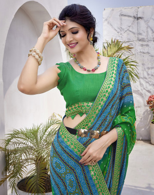 Priyashi Printed Daily Wear Georgette, Lace Saree(Green)