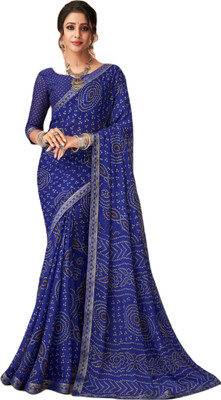 SainiVastra Printed Bandhani Chiffon Saree(Blue)