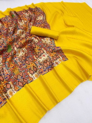 Pionex Woven, Geometric Print Kalamkari Jacquard, Pure Silk Saree(Yellow)