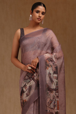 soch Digital Print Saree with Attached Blouse Chanderi Saree(Brown)