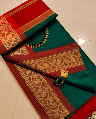 BiswasTextiles Self Design Handloom Cotton Blend Saree(Green)
