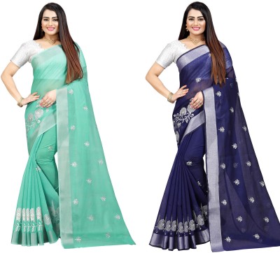 Indian Fashionista Embroidered Bollywood Cotton Silk Saree(Pack of 2, Blue)