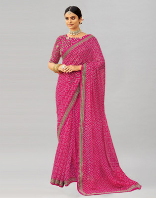 Samah Printed, Embellished Bandhani Georgette Saree(Pink, White)