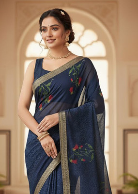 Anugrah Textile Embroidered Banarasi Lycra Blend, Chiffon Saree(Dark Blue)