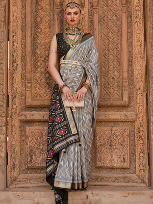 ANOUK Printed Banarasi Silk Blend Saree(Grey)