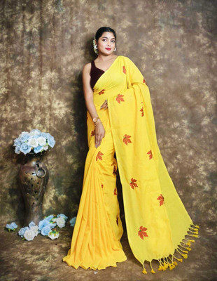 S G SAREES Embroidered Handloom Handloom Cotton Blend Saree(Yellow)
