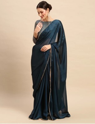 VRUTA FASHION Solid/Plain Bollywood Satin Saree(Dark Blue)