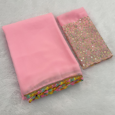 saanvi Solid/Plain, Self Design Bollywood Georgette Saree(Pink)