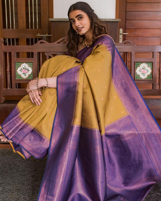 CP TEXTILE Embroidered Banarasi Jacquard Saree(Mustard)