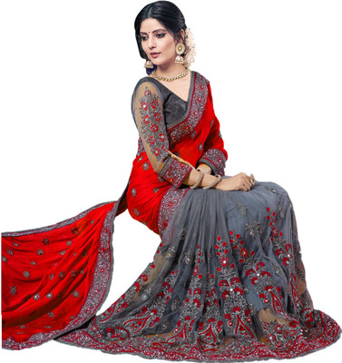 b bella creation Embellished Bollywood Net Saree(Red, Grey)