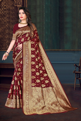 SK SILKMILL Woven, Checkered Banarasi Cotton Linen, Cotton Silk Saree(Maroon)