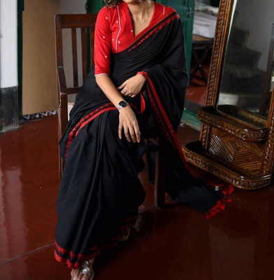 HouseOfCommon Self Design Mysore Cotton Linen Saree(Black)