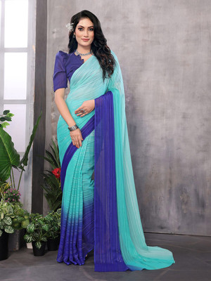 Moda Rapido Striped, Self Design Daily Wear Satin Saree(Blue)