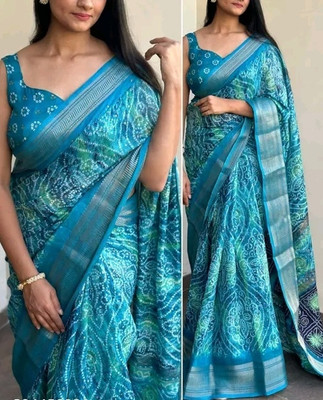 TRUORIGIN Printed Bandhani Cotton Blend Saree(Blue)