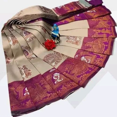 KanjiQueen Woven Kanjivaram Silk Blend, Pure Silk Saree(Beige, Magenta)