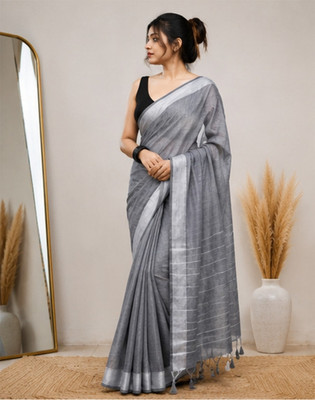 SRINJAN FASHION Solid/Plain Daily Wear Handloom Cotton Linen Saree(Grey)