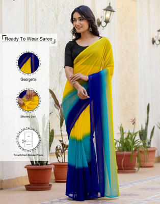 Samah Ombre, Solid/Plain Bollywood Georgette, Chiffon Saree(Yellow, Blue)