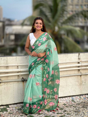 Anjaneya Sarees Printed Bollywood Linen Saree(Green)
