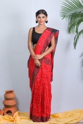 Blissbie Applique Handloom Pure Cotton Saree(Red)