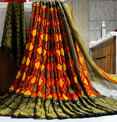 Bombey Velvat Fab Floral Print Bollywood Chiffon, Brasso Saree(Red)