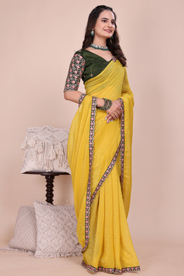 Zenophily Embroidered Bollywood Chiffon Saree(Yellow)