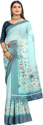 M MAANVIT Floral Print Kanjivaram Pure Cotton, Cotton Linen Saree(Light Blue)