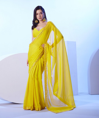 Samah Embellished, Solid/Plain, Self Design Bollywood Chiffon Saree(Yellow)