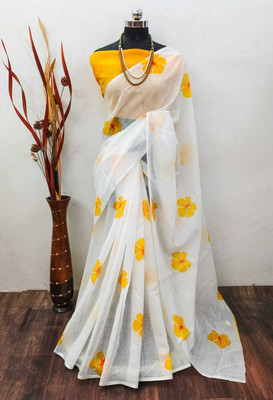 Saaransh Floral Print Bollywood Linen, Cotton Silk Saree(White, Yellow)
