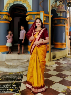 Afronza Temple Border, Solid/Plain, Dyed Sambalpuri Pure Silk, Cotton Blend Saree(Mustard)