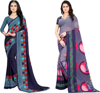 Leelavati Checkered Daily Wear Georgette Saree(Dark Blue, Grey)