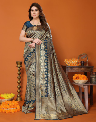 YASHIKA Printed Kanjivaram Silk Blend Saree(Blue)