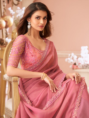 Divastri Solid/Plain Bollywood Georgette Saree(Pink)