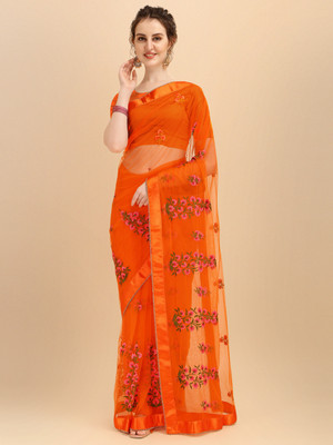 ALAGINI Embroidered Bollywood Net Saree(Orange)
