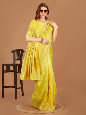 SNH EXPORT Floral Print Banarasi Jacquard Saree(Mustard)