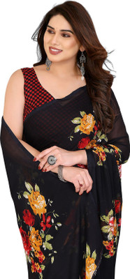 Priyashi Floral Print Daily Wear Georgette Saree(Black)