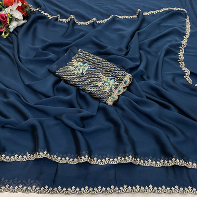 V AMAN FASHION Solid/Plain, Embroidered Bollywood Silk Blend Saree(Dark Blue)