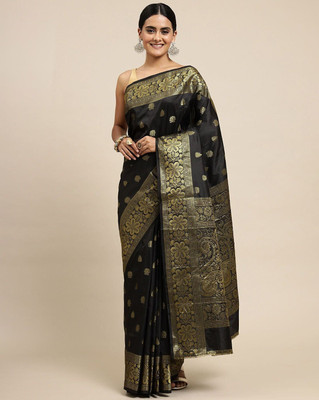 Omsaiarts Woven Kasavu Silk Blend Saree(Black)