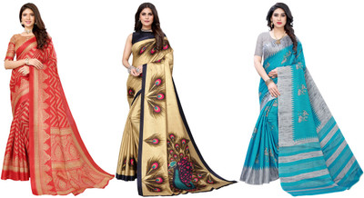 ANIRAV Printed Kasavu Art Silk Saree(Pack of 3, Red, Gold, Grey, Blue)