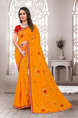 Laxmipati sarees Printed Saree with Attached Blouse Chiffon Saree(Orange, Red)