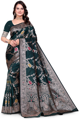 GHODTEXTILE Woven, Self Design, Floral Print, Temple Border Banarasi Pure Silk Saree(Dark Green)