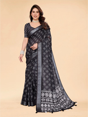HIYAMI Printed Kanjivaram Cotton Linen Saree(Black)