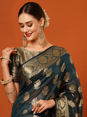 valida Embellished, Self Design, Woven Kanjivaram Organza, Silk Blend Saree(Dark Blue)