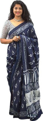 Kiaaron Blocked Printed Daily Wear Pure Cotton Saree(Dark Blue)