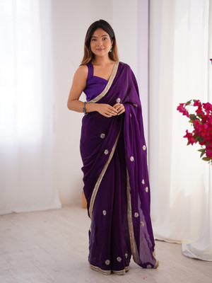 Dwiza Enterprise Embroidered, Embellished Bollywood Silk Blend Saree(Purple)