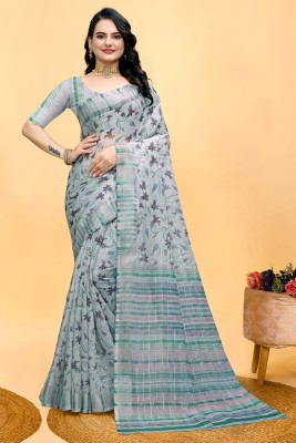 LEOSAGI Printed, Floral Print, Geometric Print Bollywood Cotton Linen Saree(Grey)