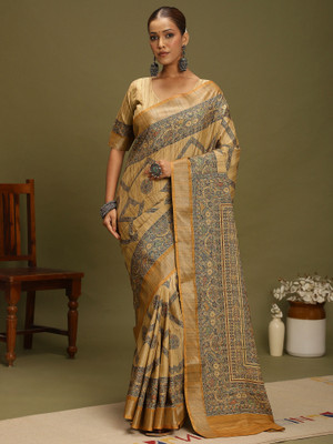 ANOUK Digital Print Hand Batik Satin, Silk Blend Saree(Mustard)